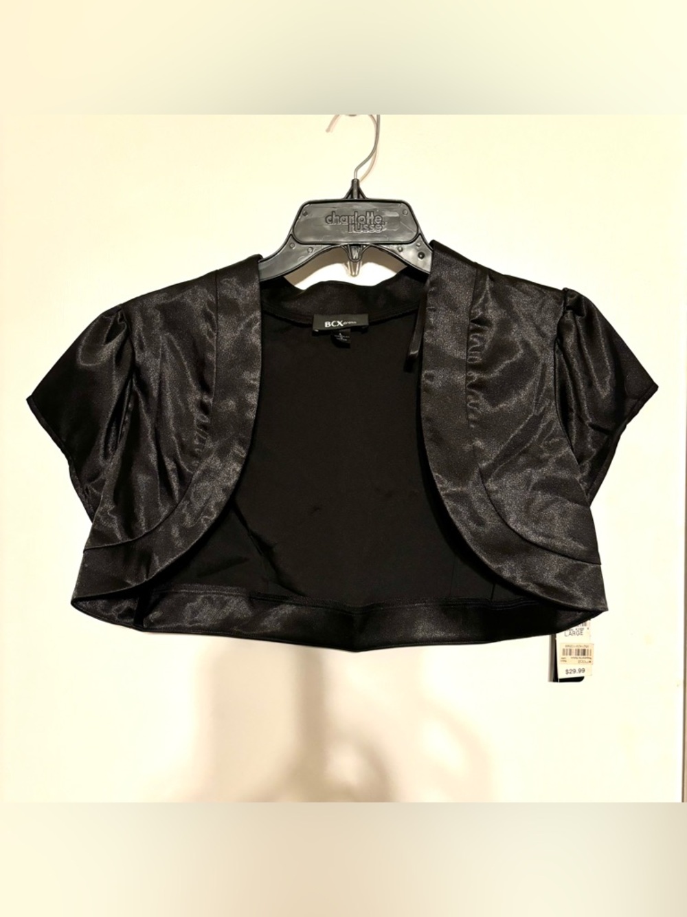 Macys BCX black satin shrug shawl bolero prom wedding y2k L Large NWT